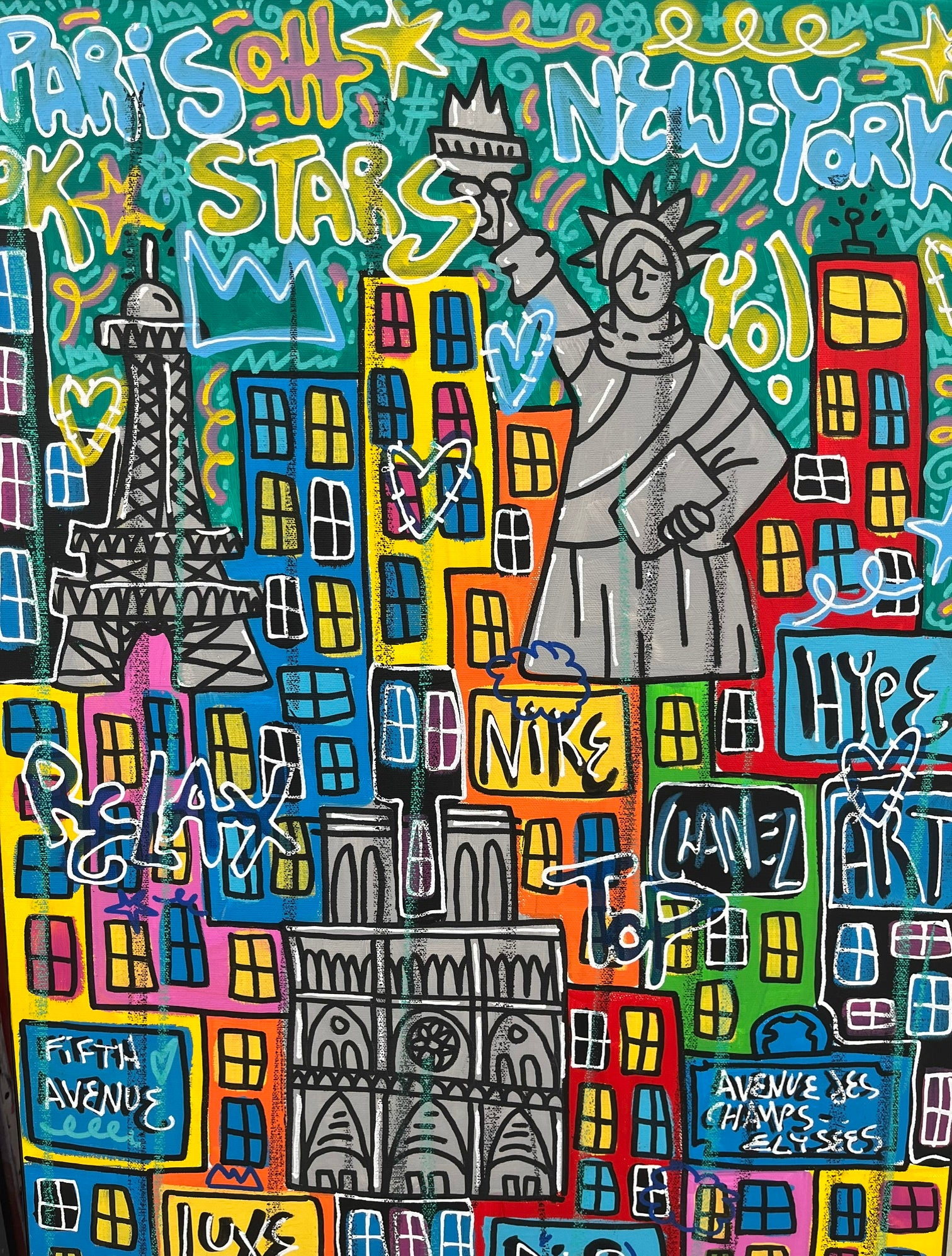 Peinture NEW YORK PARIS de RICO SAB dans un intérieur – 150 × 50 cm