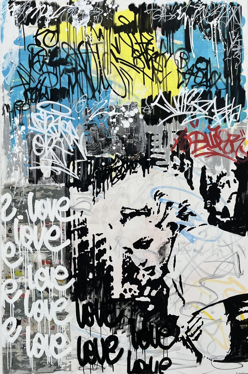 Peinture street art grande taille blanc et noir Love Love – PATRICIA GADISSEUR – 150 × 100 cm