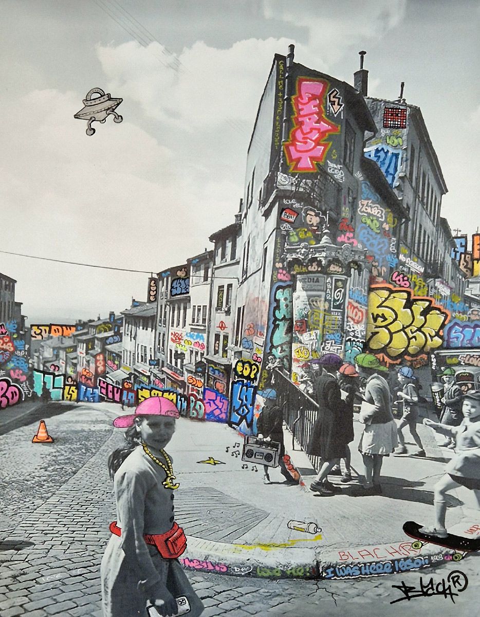 Peinture street art moyen format Doisneau Lyon Croix Rousse – BLACH – 40 × 60 cm