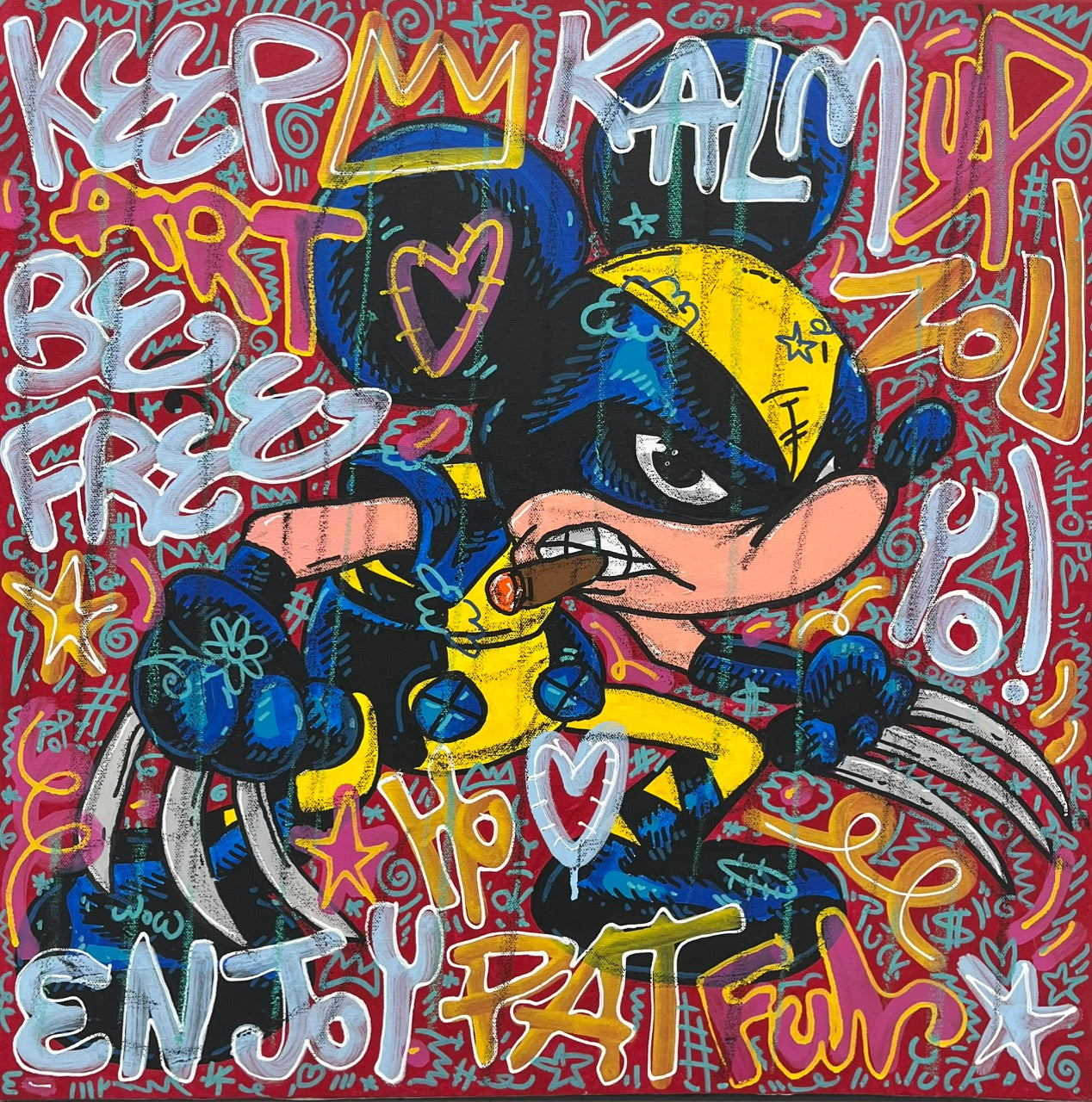 Peinture street art moyen format bleu et vert Keep Calm & Be Free – RICO SAB – 60 × 60 cm
