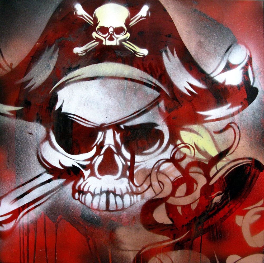 Peinture street art moyen format brun et rouge PORTRAIT DE PIRATE – KARO TRASS – 60 × 60 cm