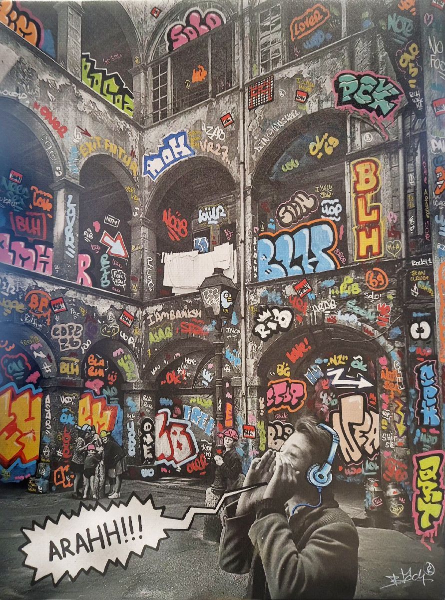 Peinture street art petit format blanc et noir Lyon Doisneau Traboule – BLACH – 40 × 30 cm