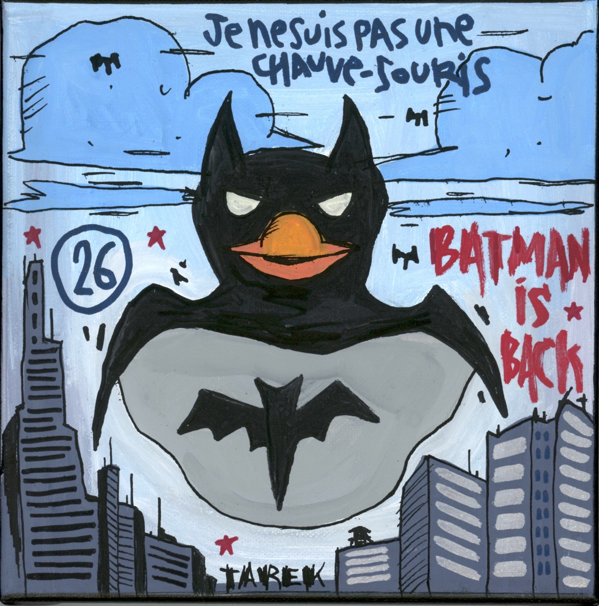 Peinture street art petit format bleu Batcanard – TAREK – 20 × 20 cm