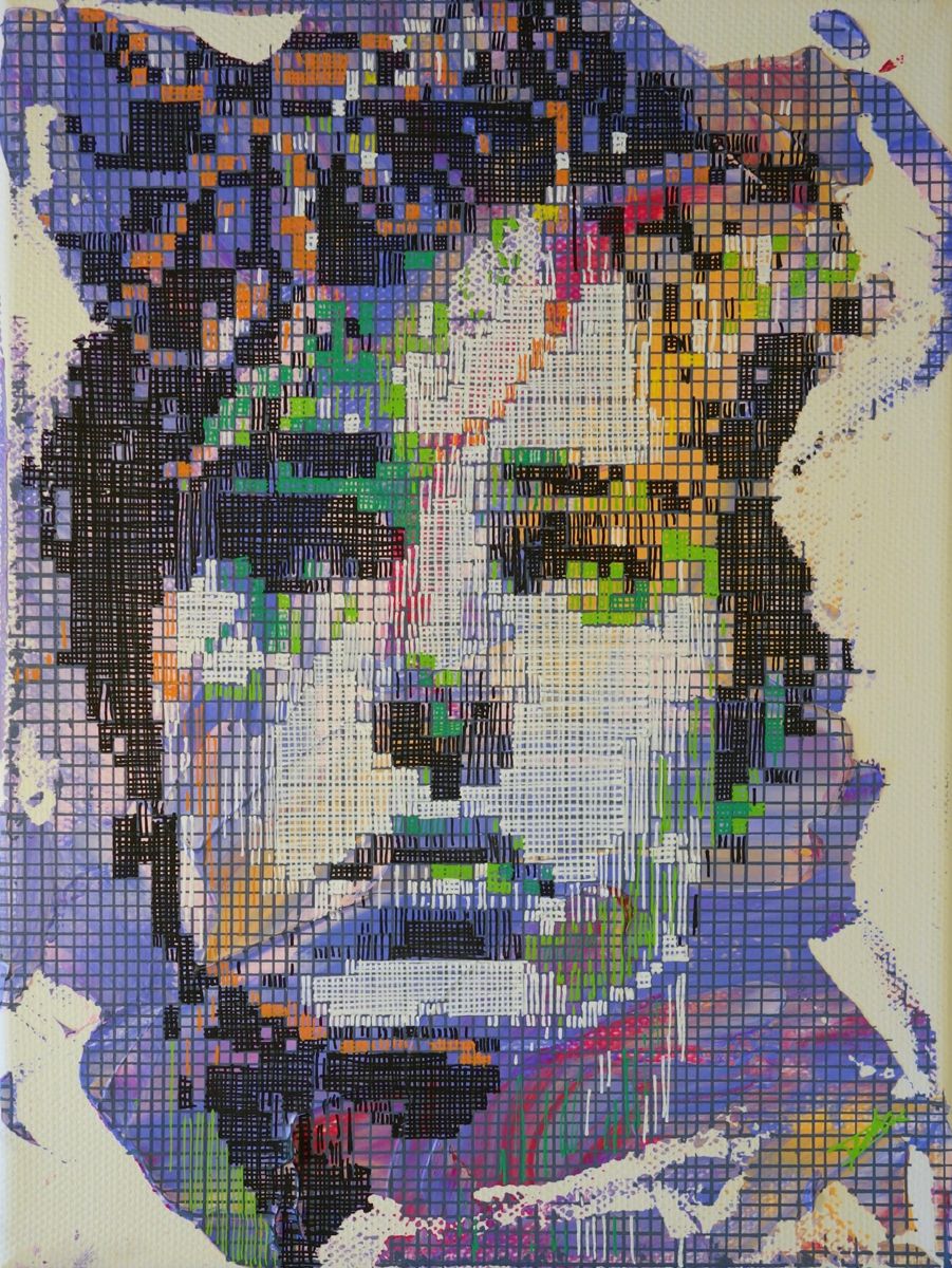 Peinture street art petit format violet Visage de ville – NICOLAS JESBAC – 18 × 24 cm