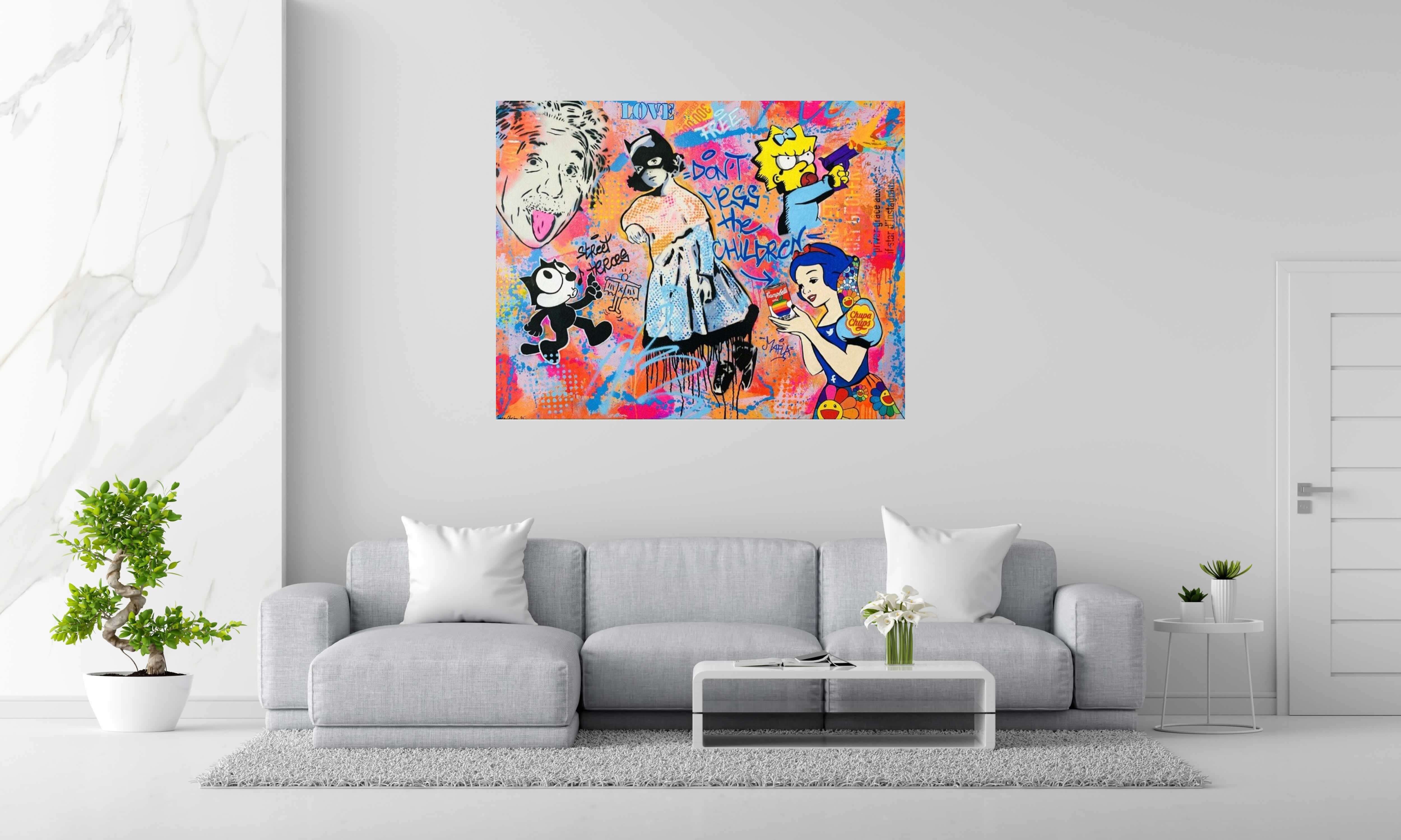 Peinture Don't Mess the Children de SARA CHELOU dans un intérieur – 146 × 114 cm