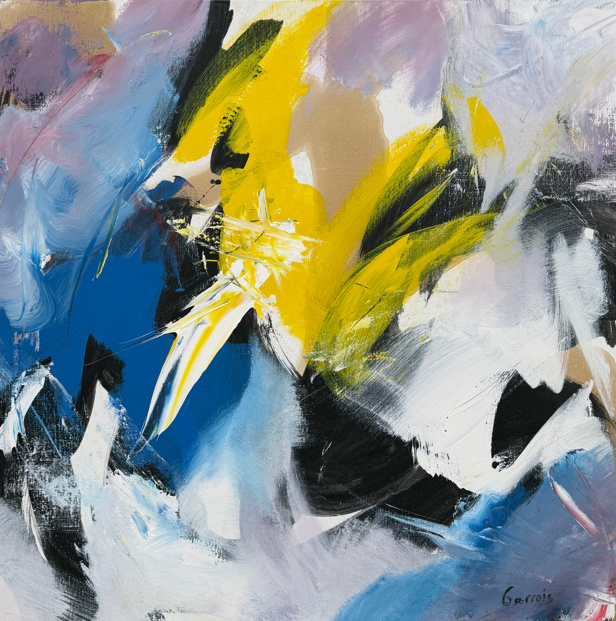 Peinture abstraite acrylique sur toile aux tons bleus et jaunes par JM Barrois, 80 x 80 cm