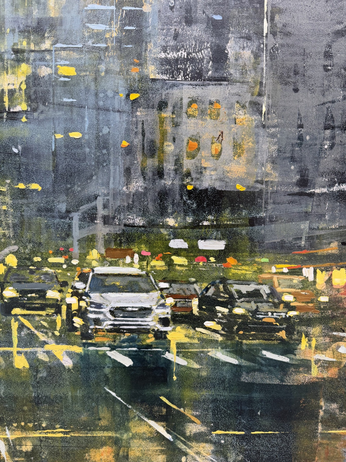 Peinture DOWNTOWN LIGHTS de ADRIEN FAVEAU dans un intérieur – 100 × 100 cm