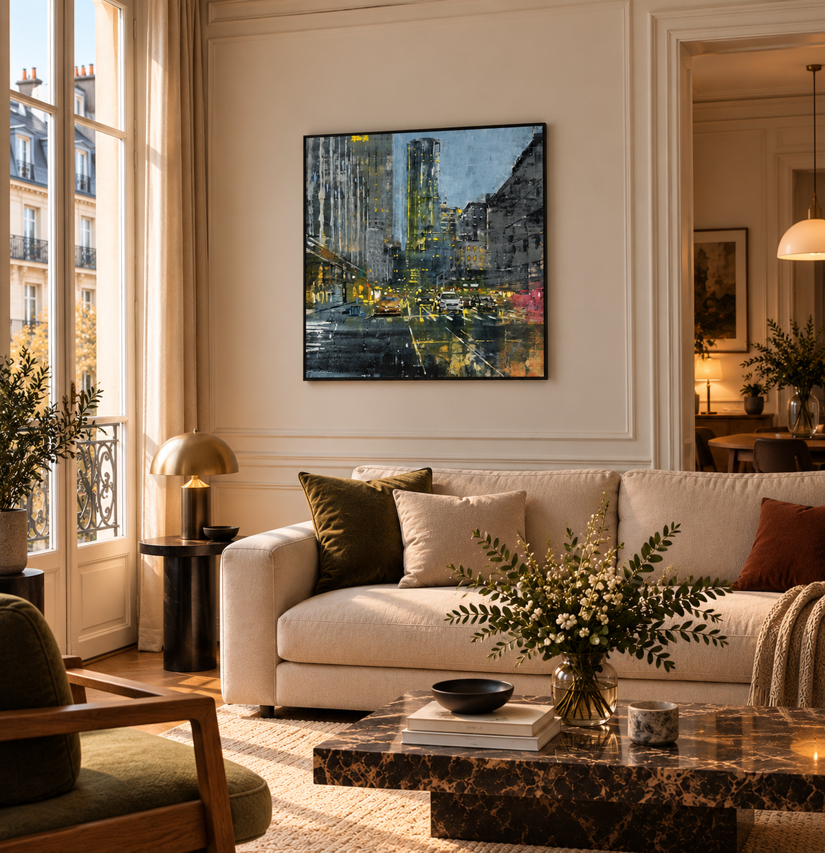 Peinture DOWNTOWN LIGHTS de ADRIEN FAVEAU dans un intérieur – 100 × 100 cm