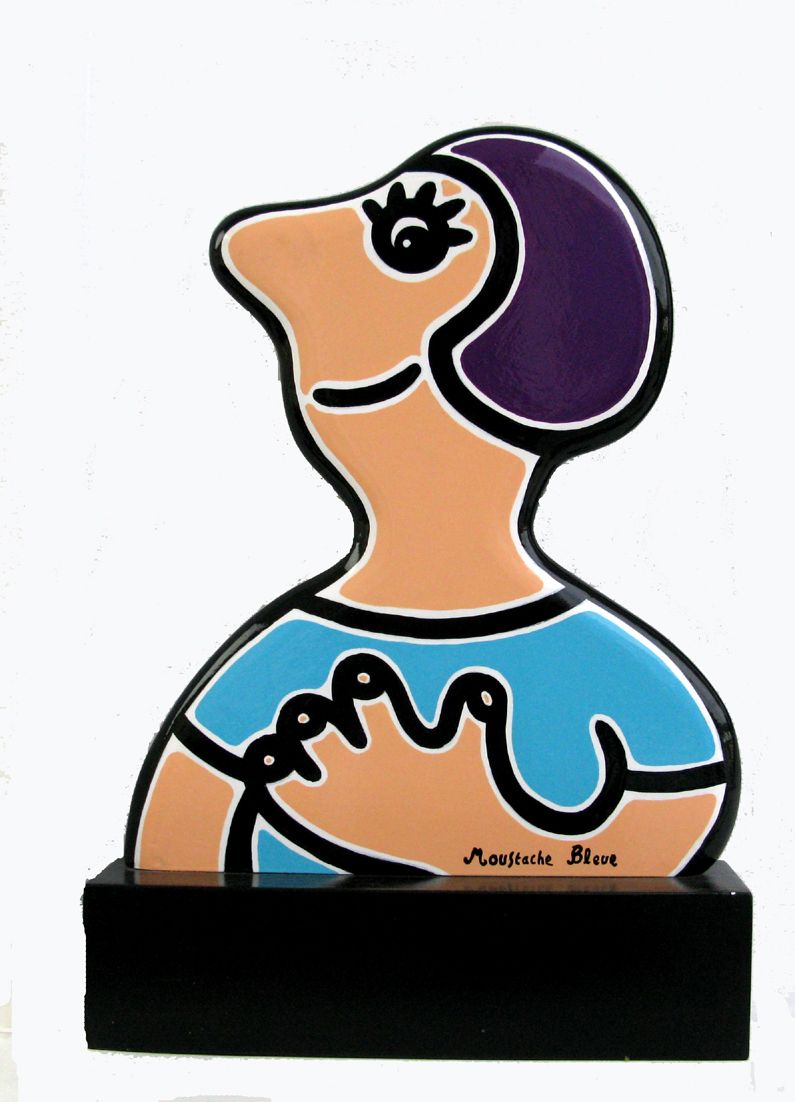 Sculpture figuratif petit format Happy Me ! – MOUSTACHE BLEUE – 37 × 56 cm