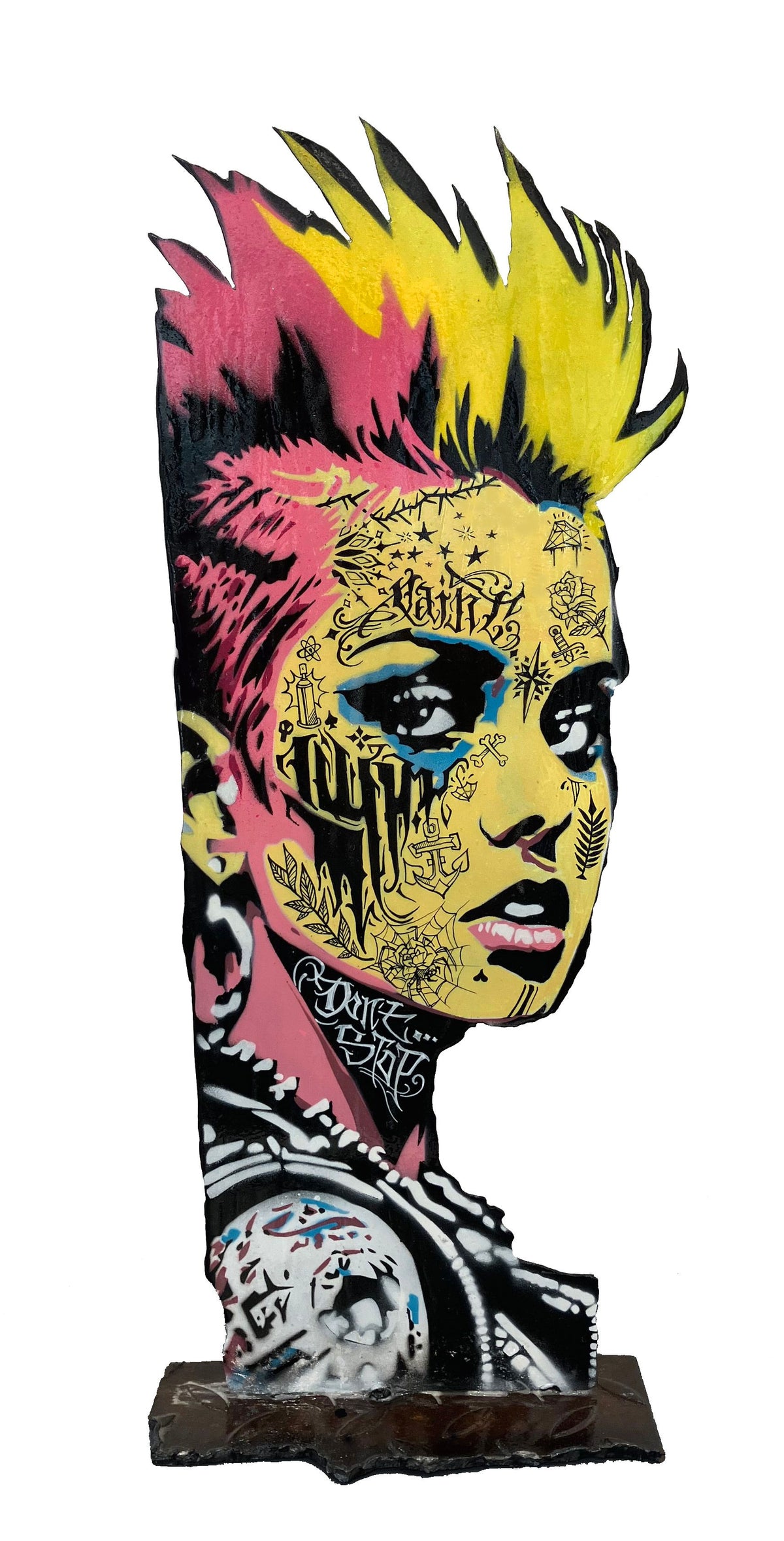 Sculpture street art petit format jaune et rose Punk way of life – Craig & Emer – 51 × 21 cm