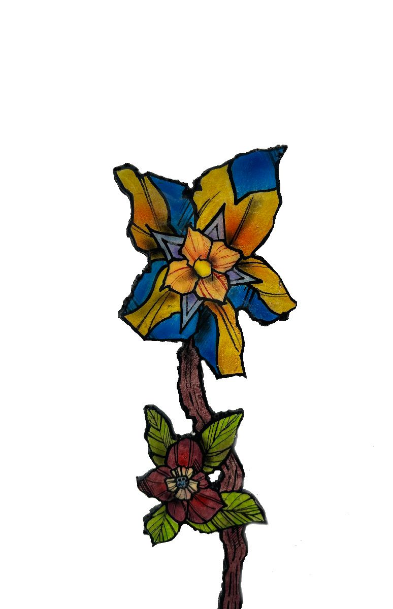 Sculpture de EMER a pour titre Deux petites fleurs (jaune et bordeau) style graphique dim : EMERprix:180