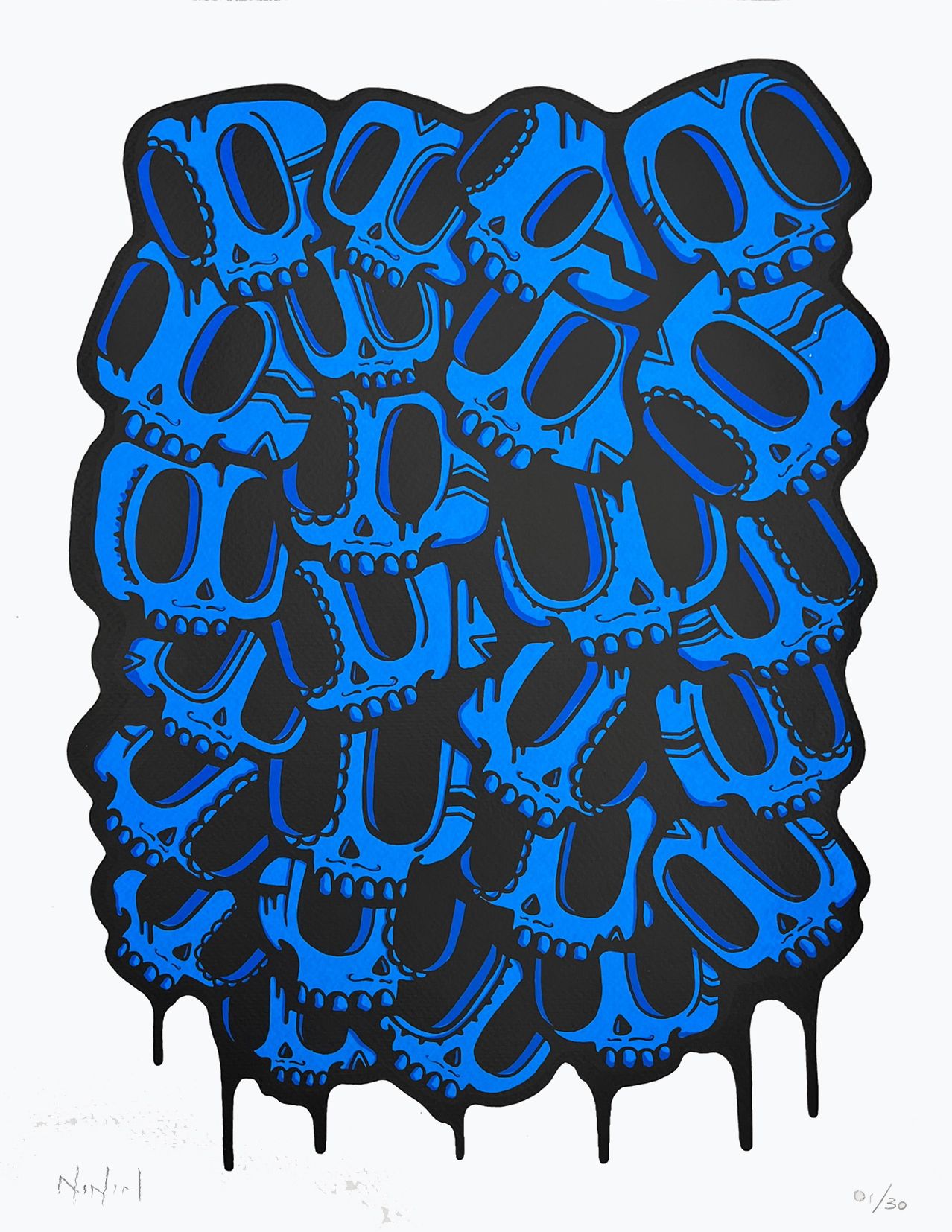 Serigraphie figuratif moyen format bleu et noir Dia de Muertos bleu – NININ – 50 × 65 cm