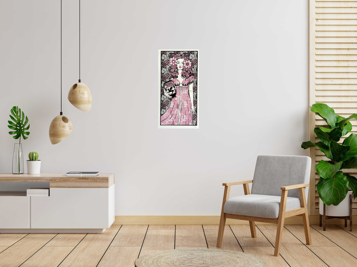 Serigraphie DANAÏDE test rose de CHUCK SPERRY dans un intérieur – 45 × 88 cm