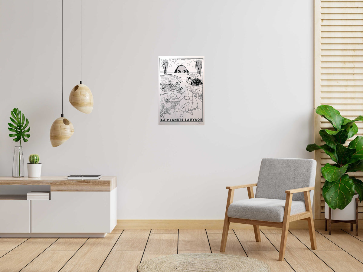Serigraphie FANTASTIC PLANET test BW de CHUCK SPERRY dans un intérieur – 50 × 76 cm