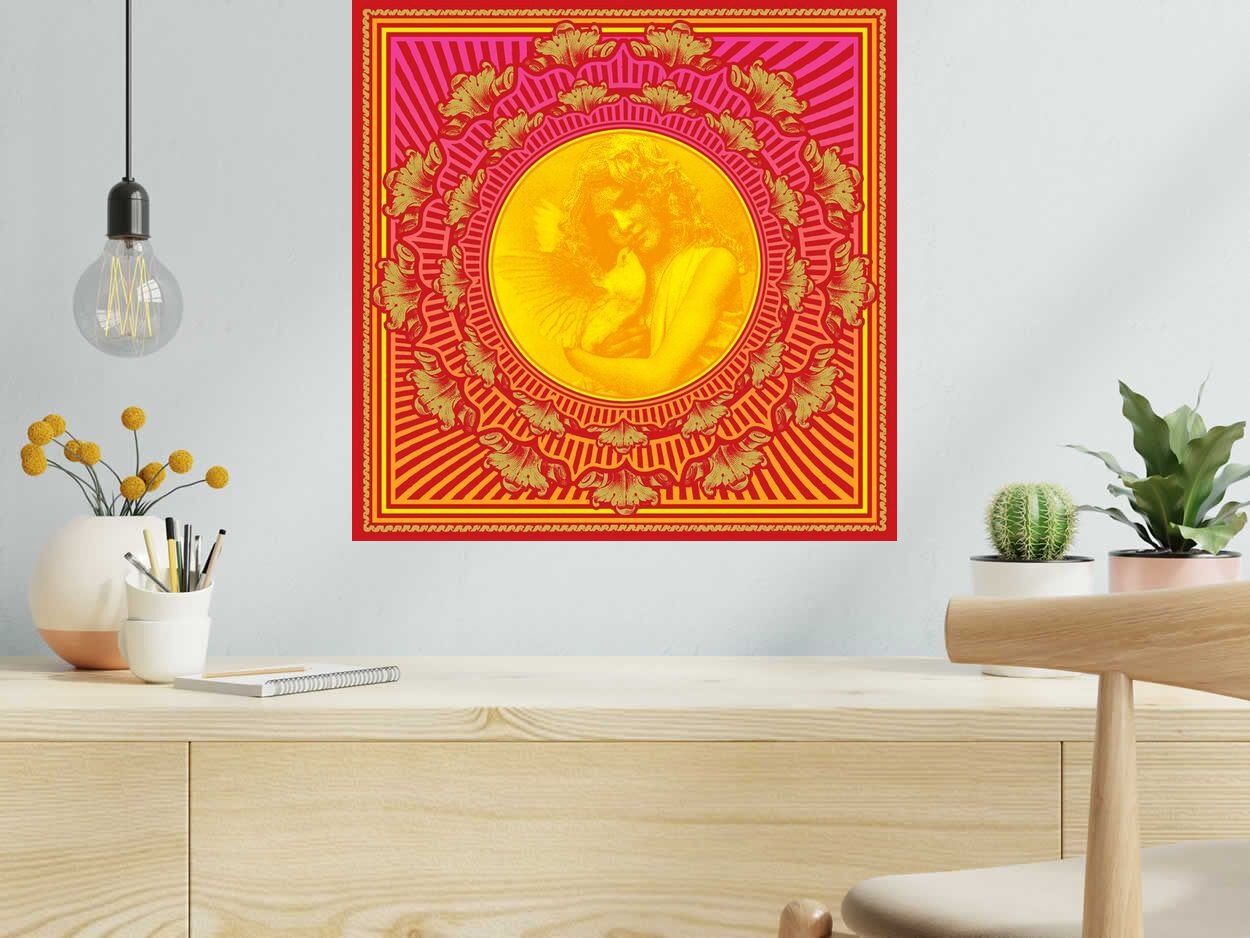 Serigraphie ORANGE SUNSHINE de CHUCK SPERRY dans un intérieur – 54 × 54 cm
