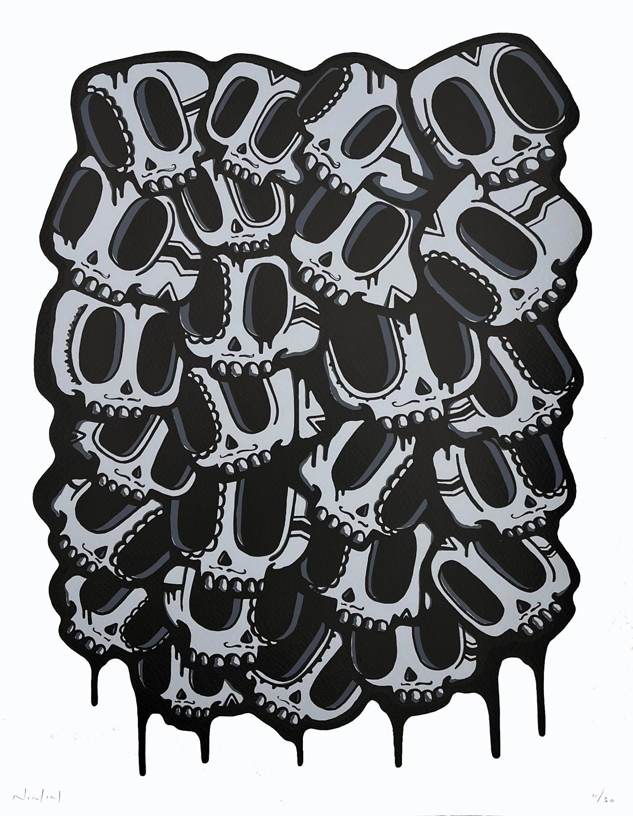 Serigraphie figuratif moyen format gris et noir Dia de Muertos gris – NININ – 50 × 65 cm