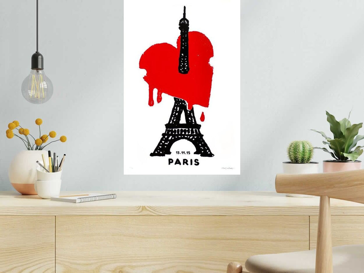 Serigraphie PARIS 13.11.15 de DUGUDUS dans un intérieur – 40 × 60 cm