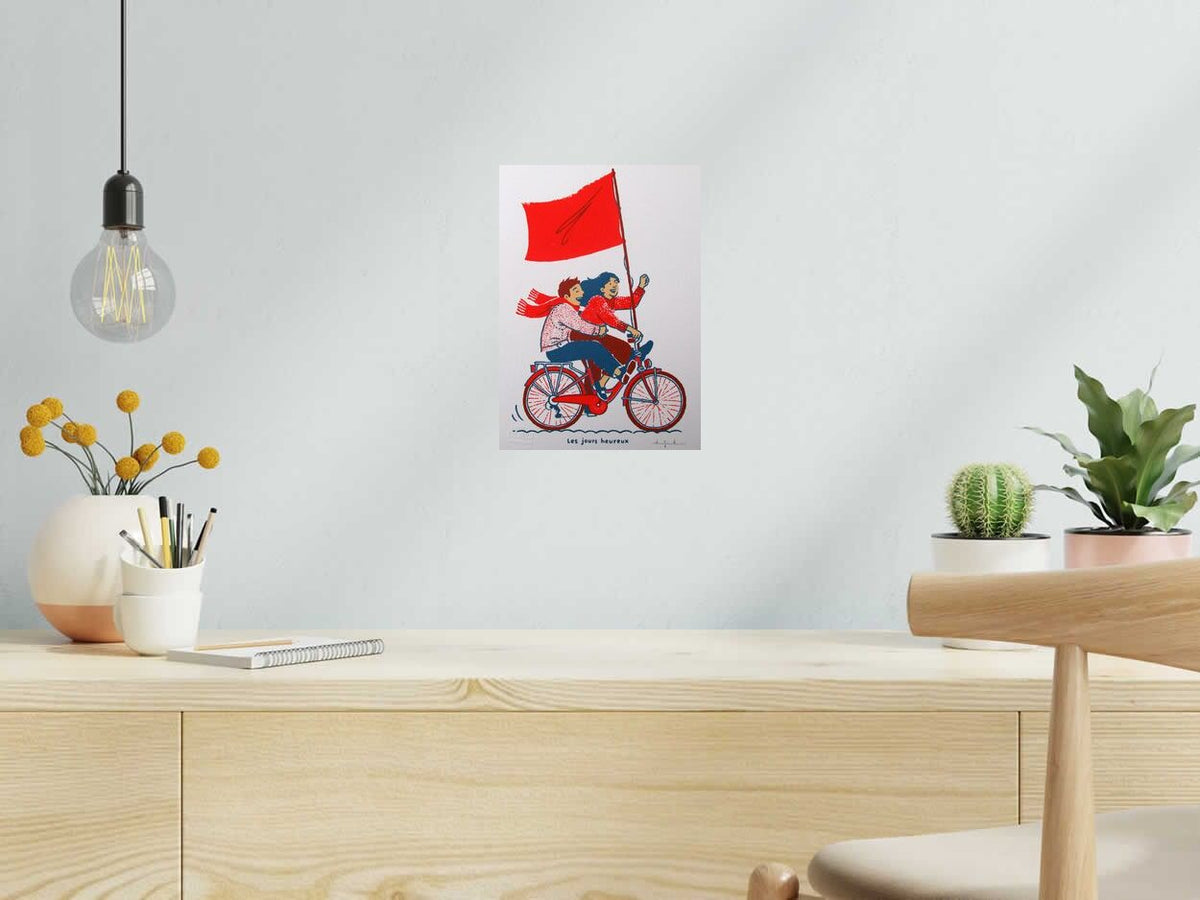 Serigraphie Jours heureux de DUGUDUS dans un intérieur – 21 × 29 cm