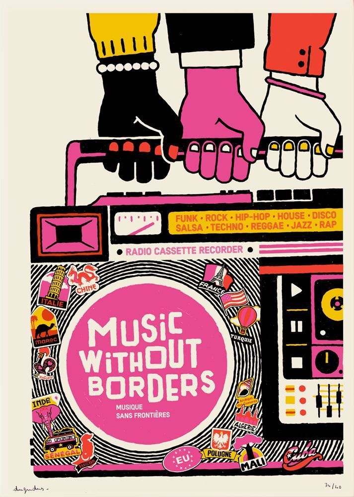 Serigraphie graphique petit format rouge MUSIC WITHOUT BORDERS – DUGUDUS – 42 × 29 cm