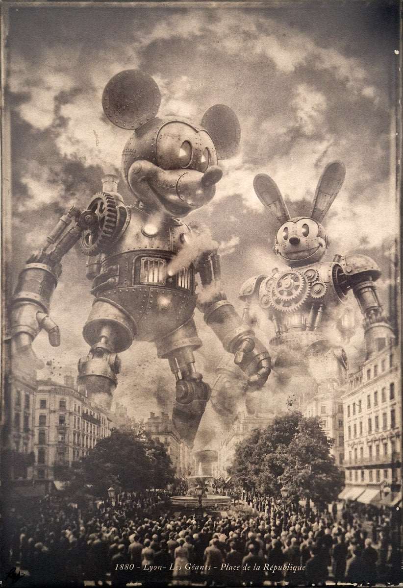Serigraphie street art moyen format blanc et noir Mickey@PlaceRépublique/Lyon – REMY POSCAR – 90 × 60 cm