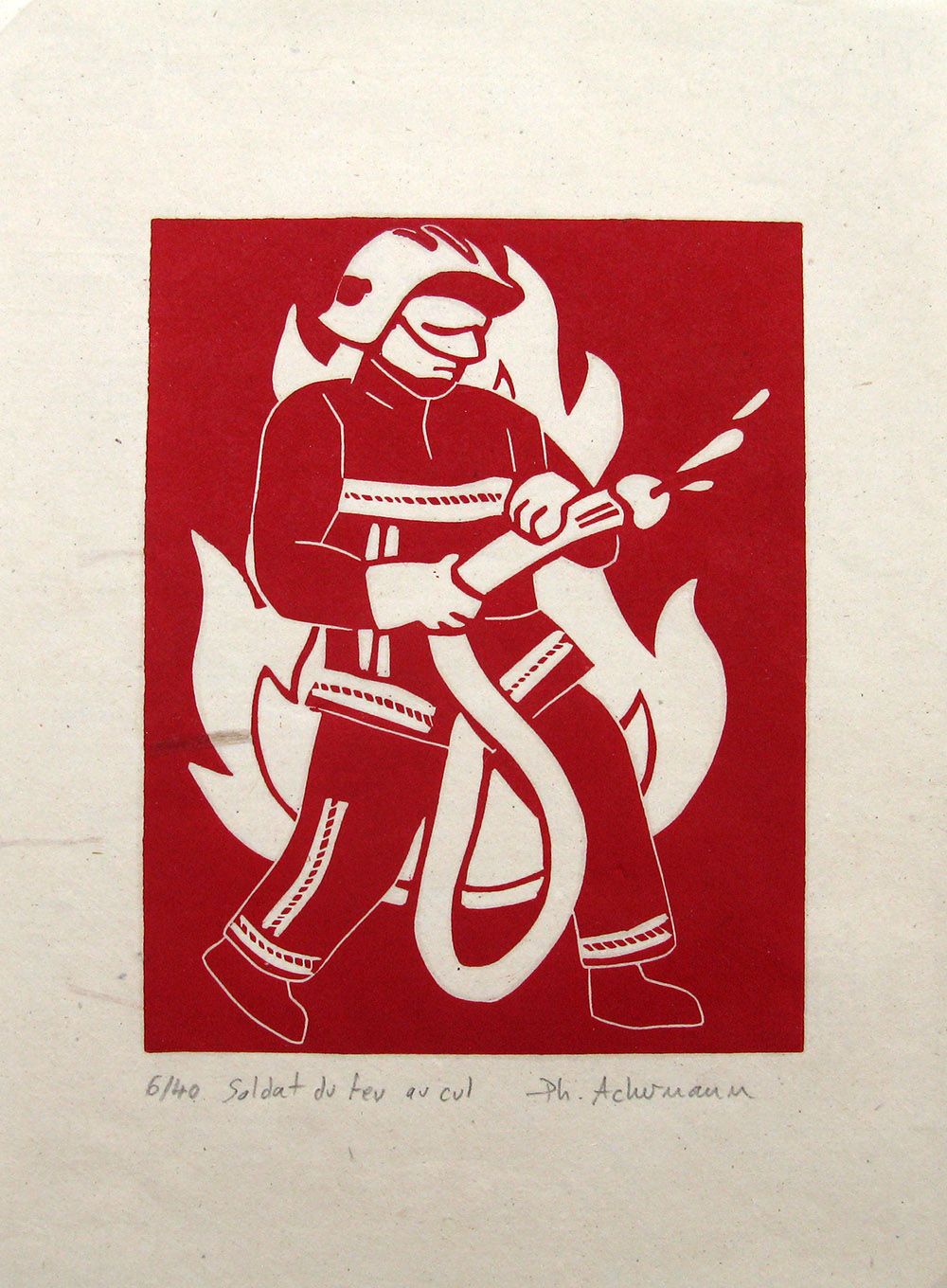 Editions d'art de PHILIPPE ACHERMANN a pour titre Soldat du feu au cul style figuratif dim : PHILIPPE ACHERMANNprix:40