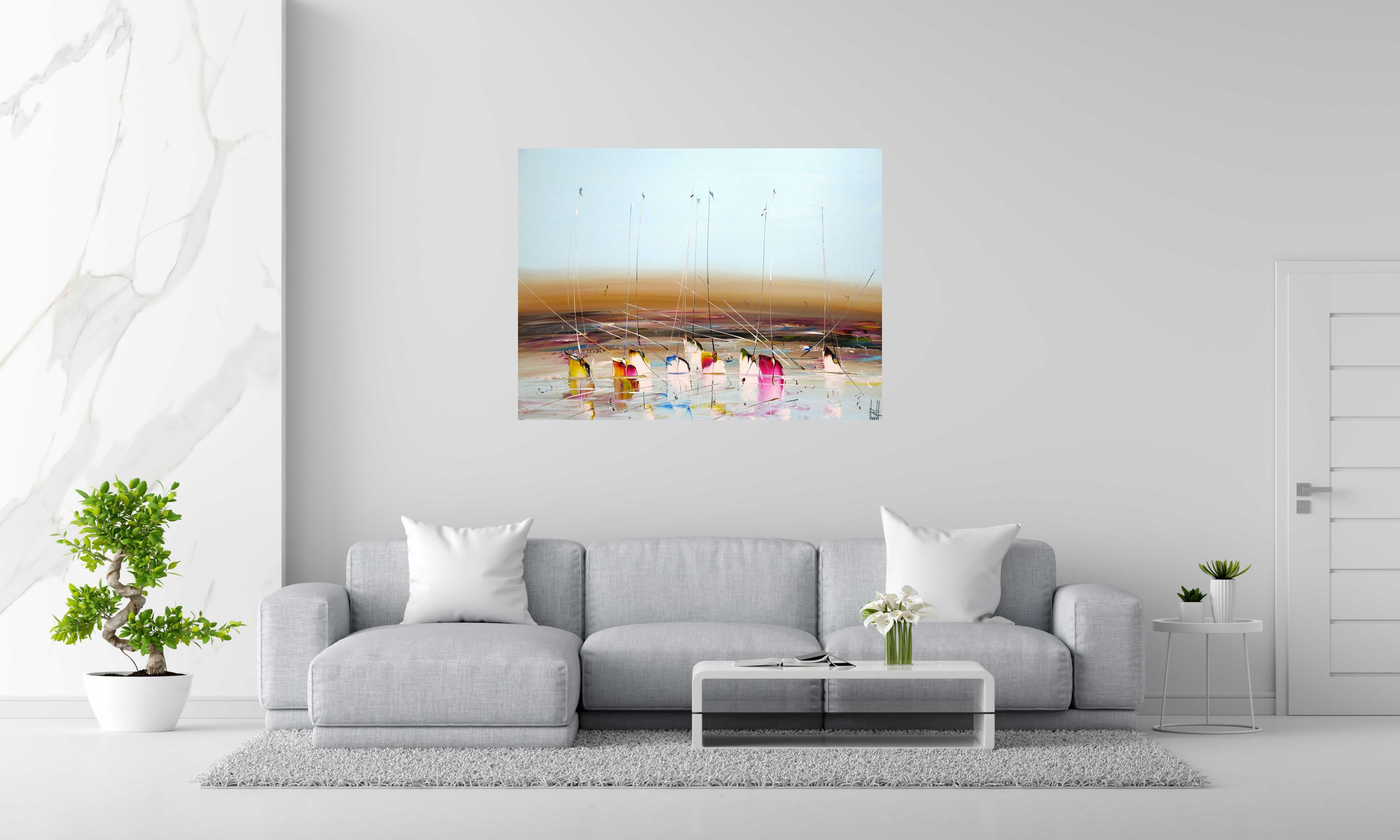 Tableau MARINE ABSTRAITE de F. BOUTET dans un intérieur – 97 × 130 cm