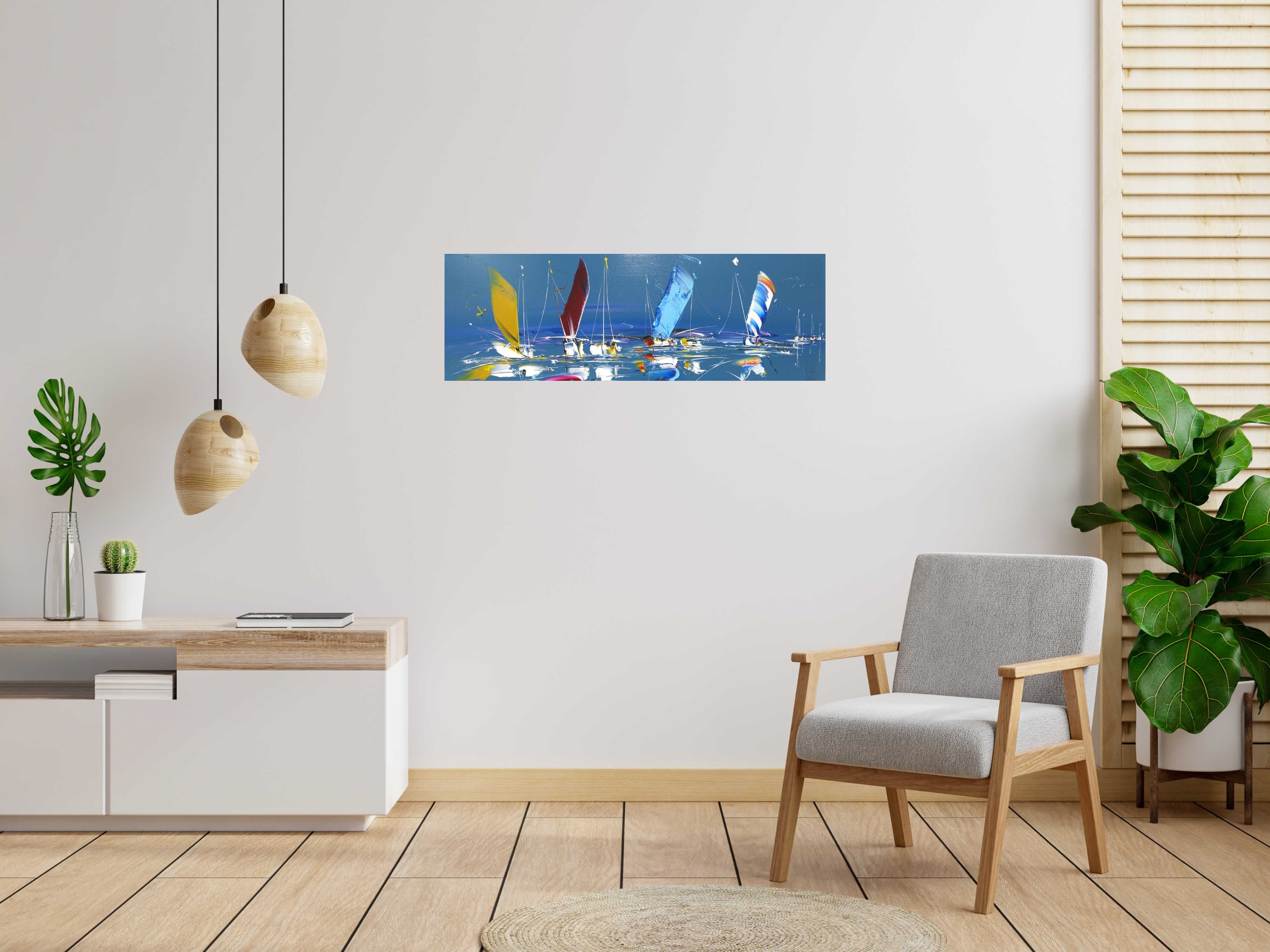 Tableau MARINE ABSTRAITE 2024-60 de F. BOUTET dans un intérieur – 120 × 40 cm