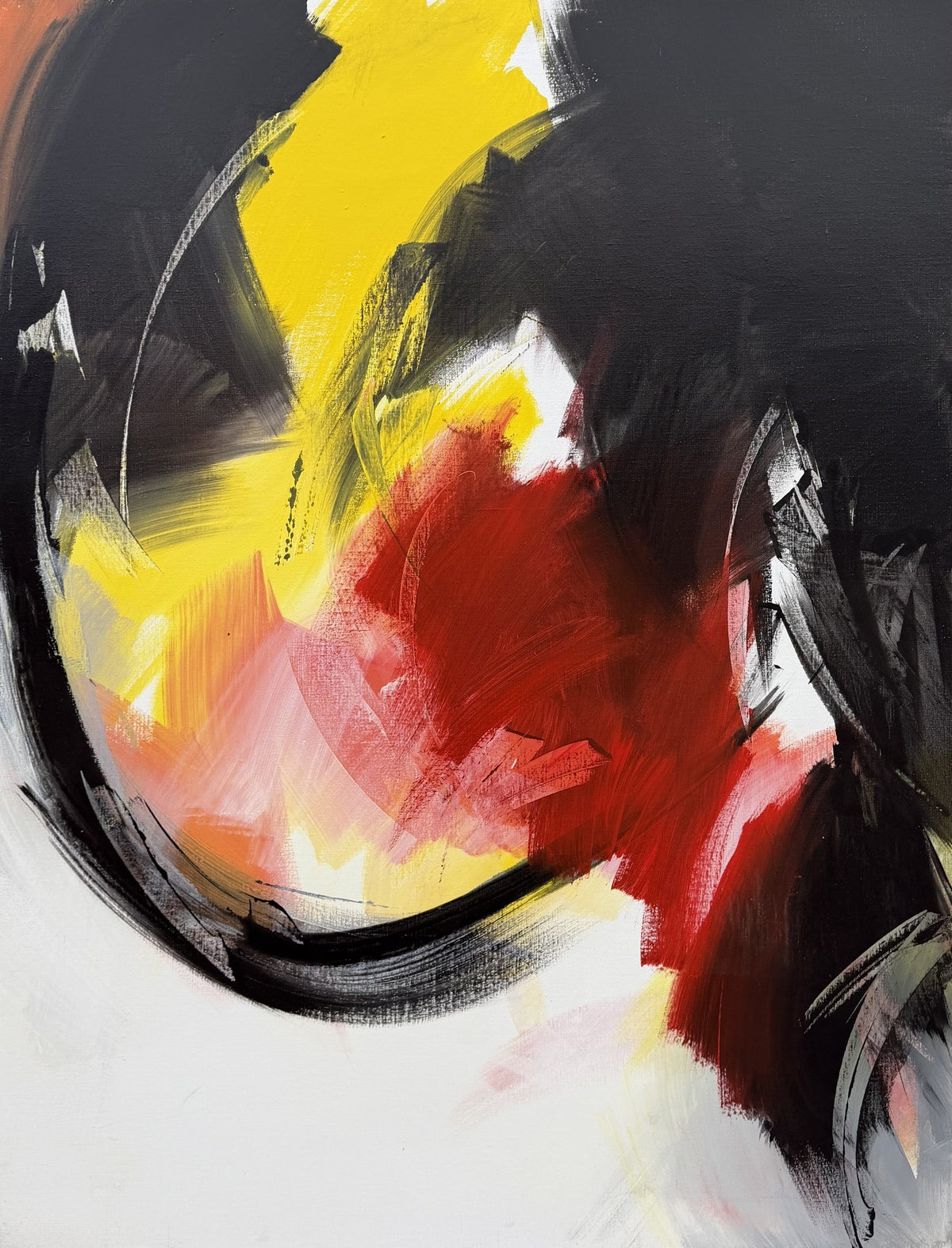 Tableau abstrait grand format en acrylique sur toile, jaune et rouge, par JM Barrois