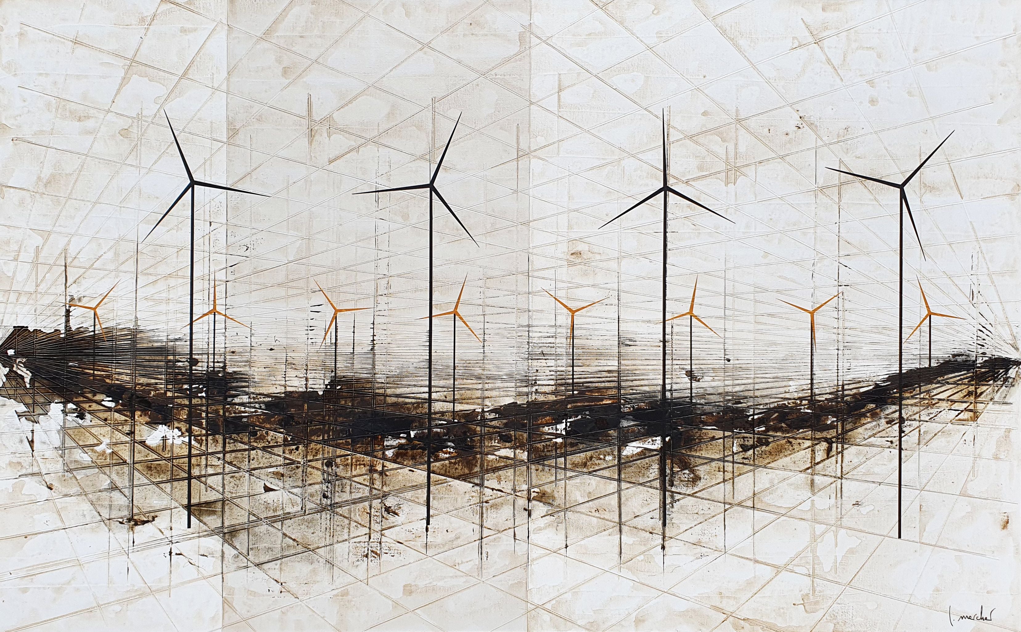 Tableau abstrait grand format GOLDEN WIND – LUDOVIC MERCHER – 130 × 810 cm