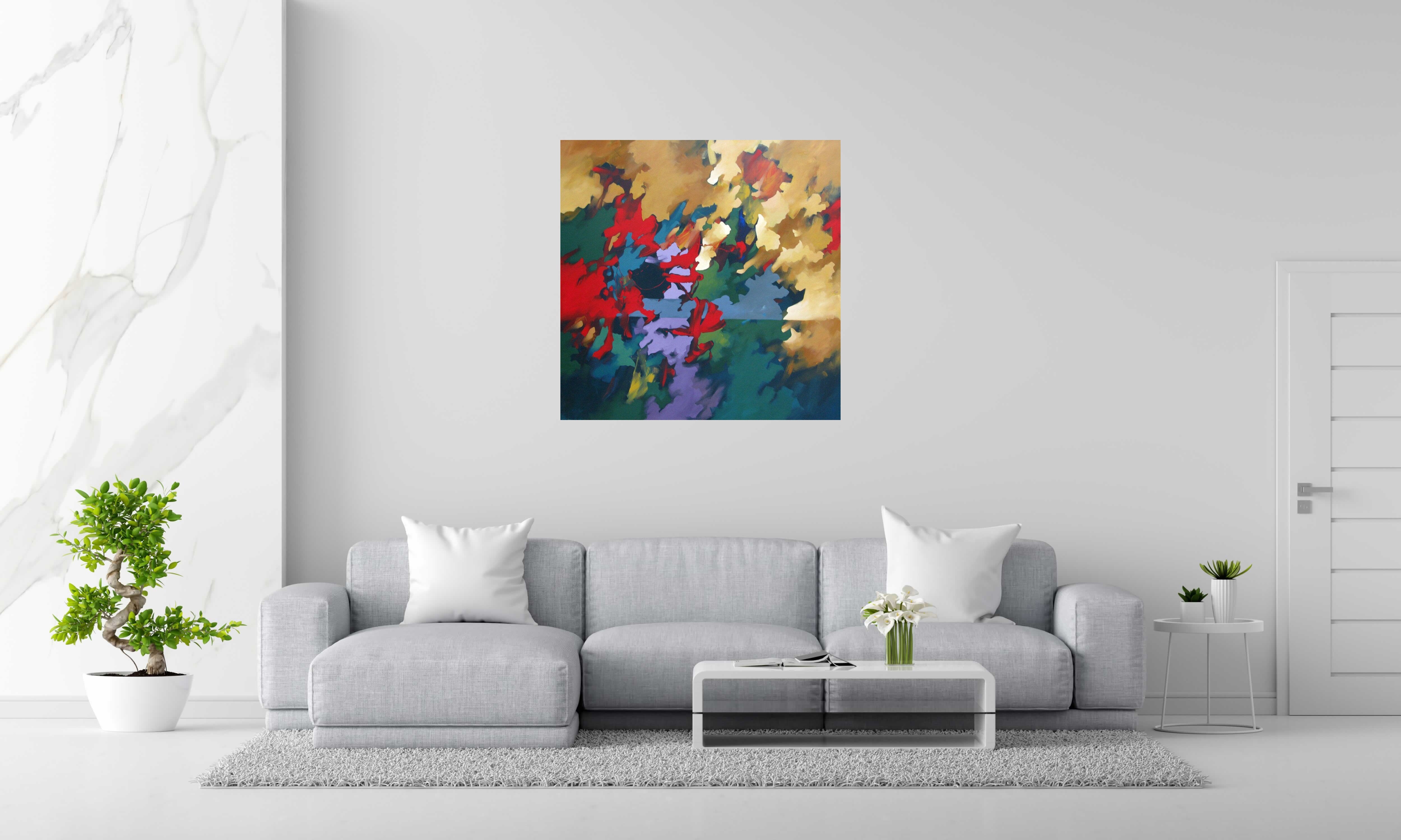 Tableau PEINTURE ABSTRAITE 79 de BRUNEAU dans un intérieur – 100 × 100 cm
