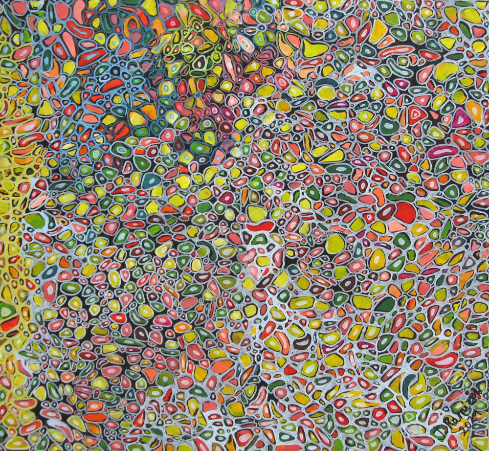 Tableau abstrait grande taille MICROMONDE 4 – JAVIER RAMIREZ – 100 × 100 cm