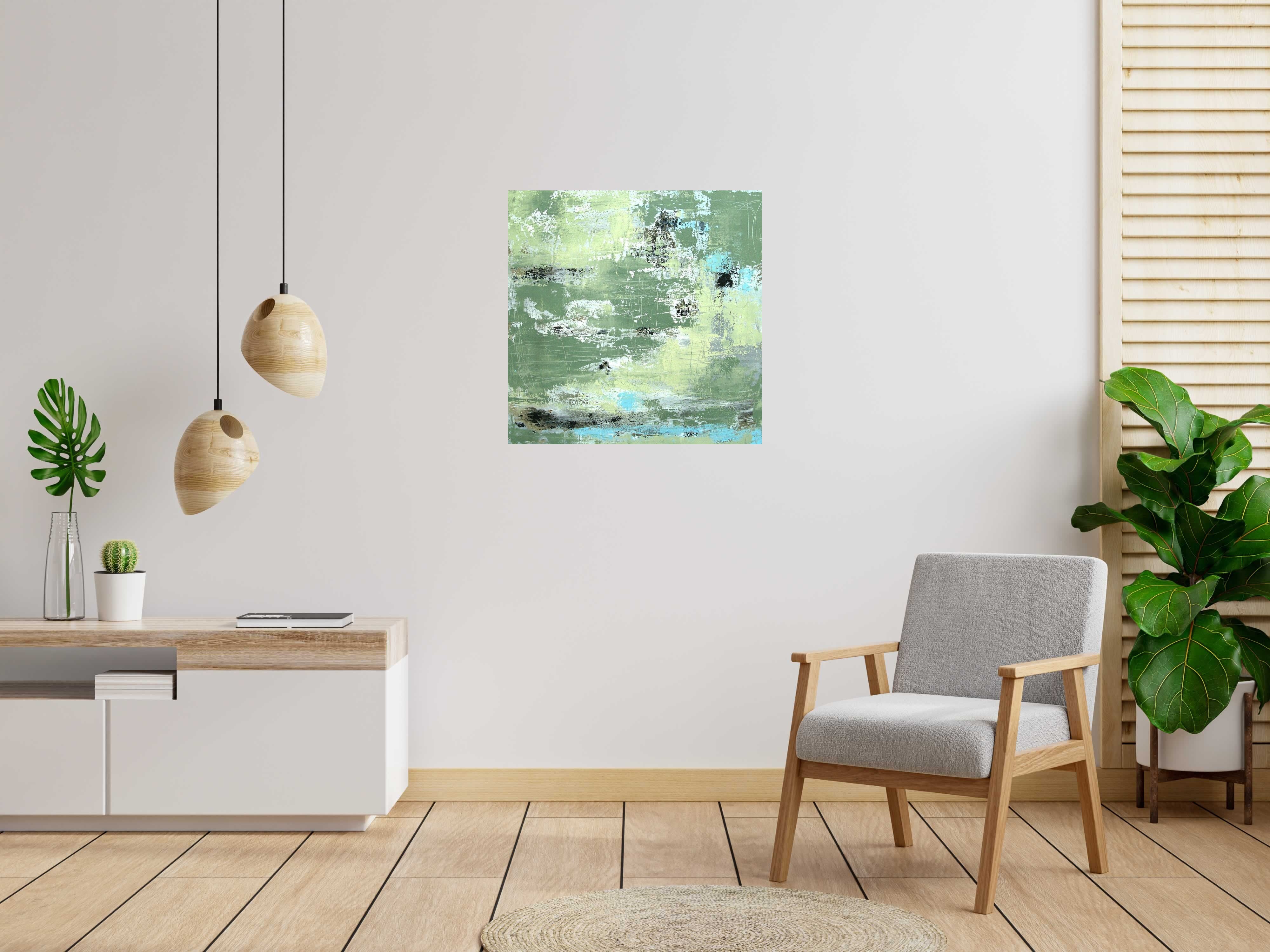 Tableau NUANCES TURQUOISE de TANIA CARRARA dans un intérieur – 80 × 80 cm