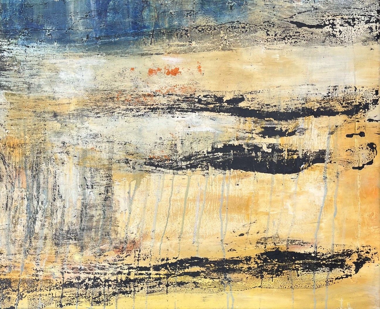 Tableau abstrait moyen format Sables ocres noirs – PASCALE JACQUEMOND – 62 × 57 cm
