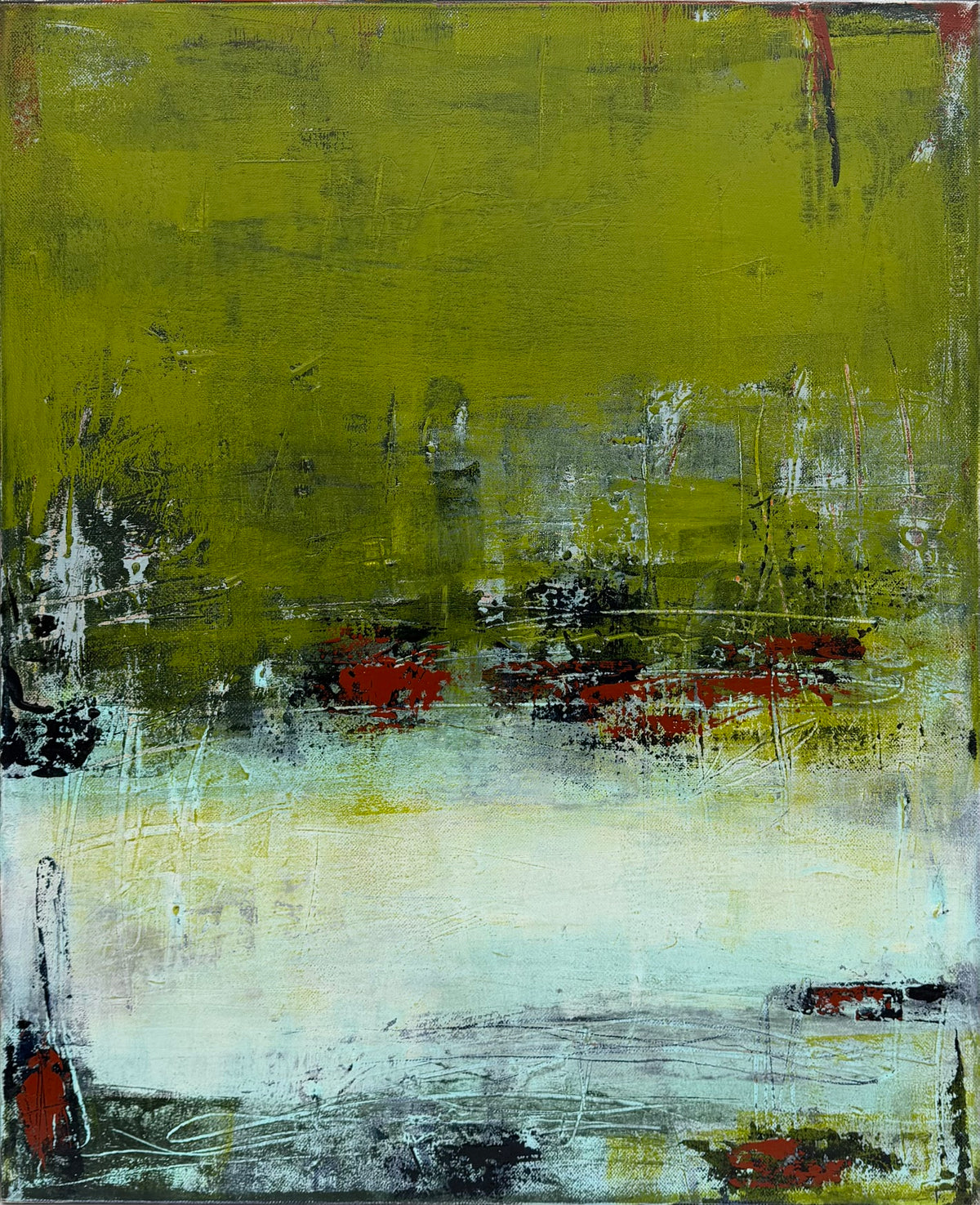 Tableau abstrait acrylique sur toile, Nuances Olives, œuvre originale de Tania Carrara, 50 x 61 cm