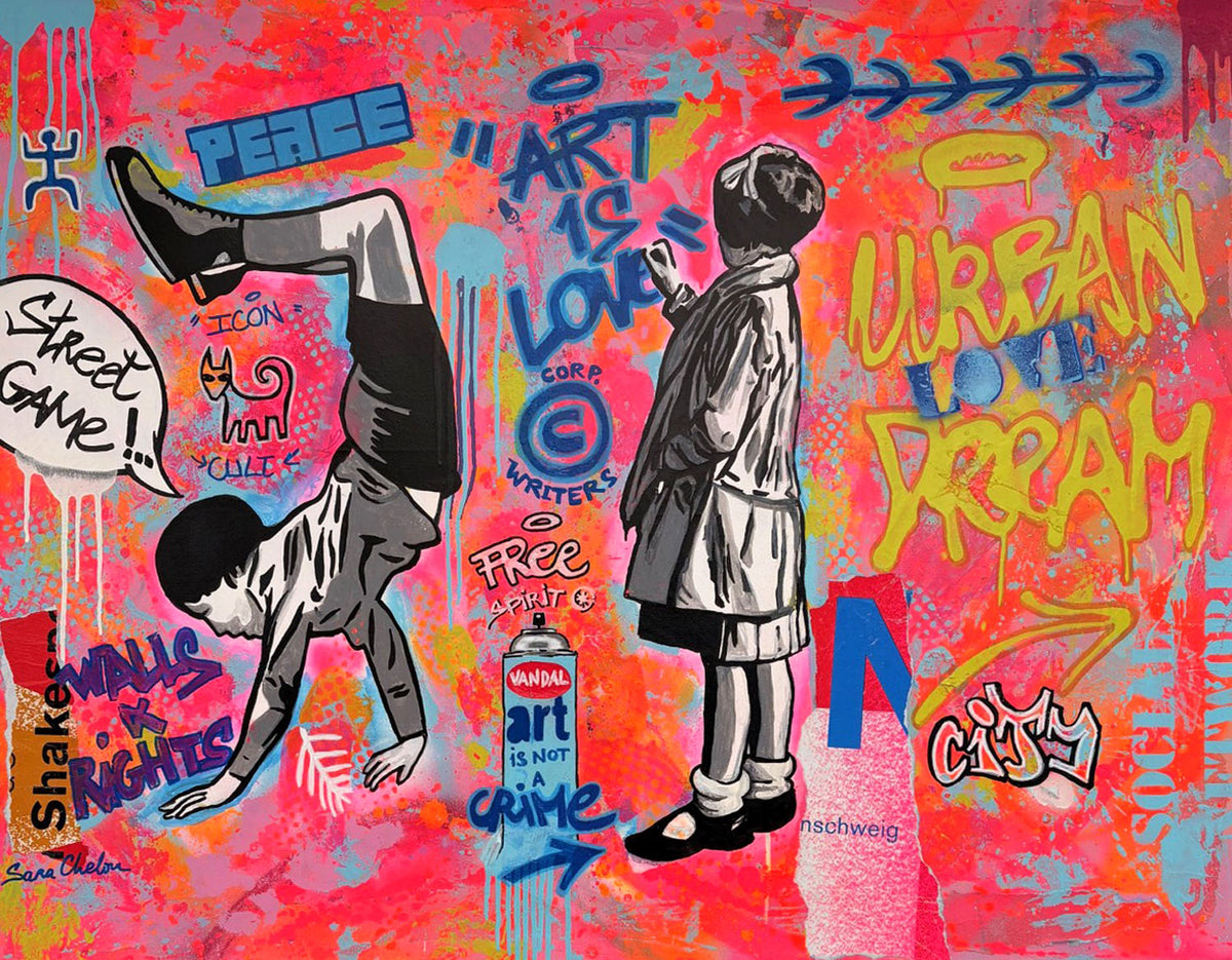 Tableau street art grand format rose et noir à l'acrylique, aérosol et posca sur toile - Sara Chelou, Urban Dream
