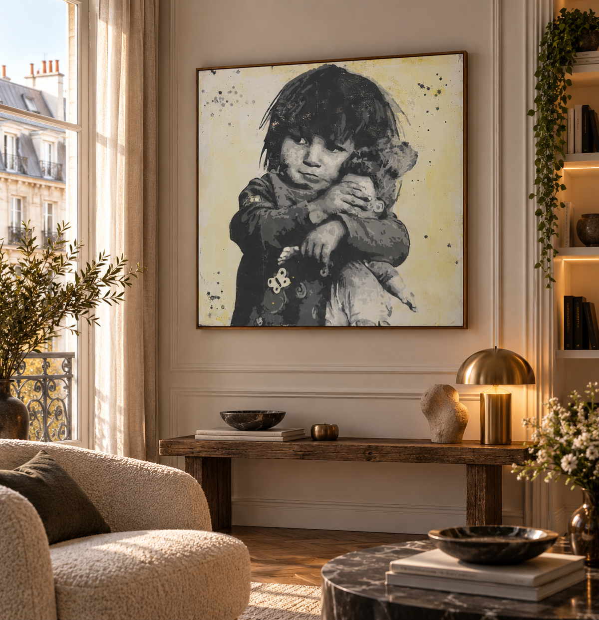 Tableau Don't look III de MISS FUCK dans un intérieur – 100 × 100 cm