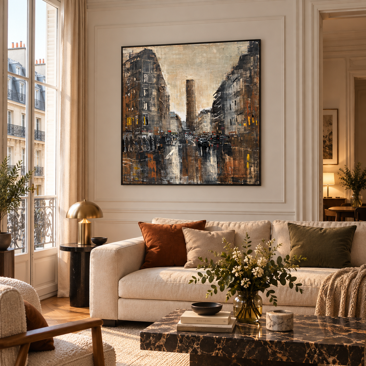 Tableau Rue de Rennes de ADRIEN FAVEAU dans un intérieur – 120 × 120 cm