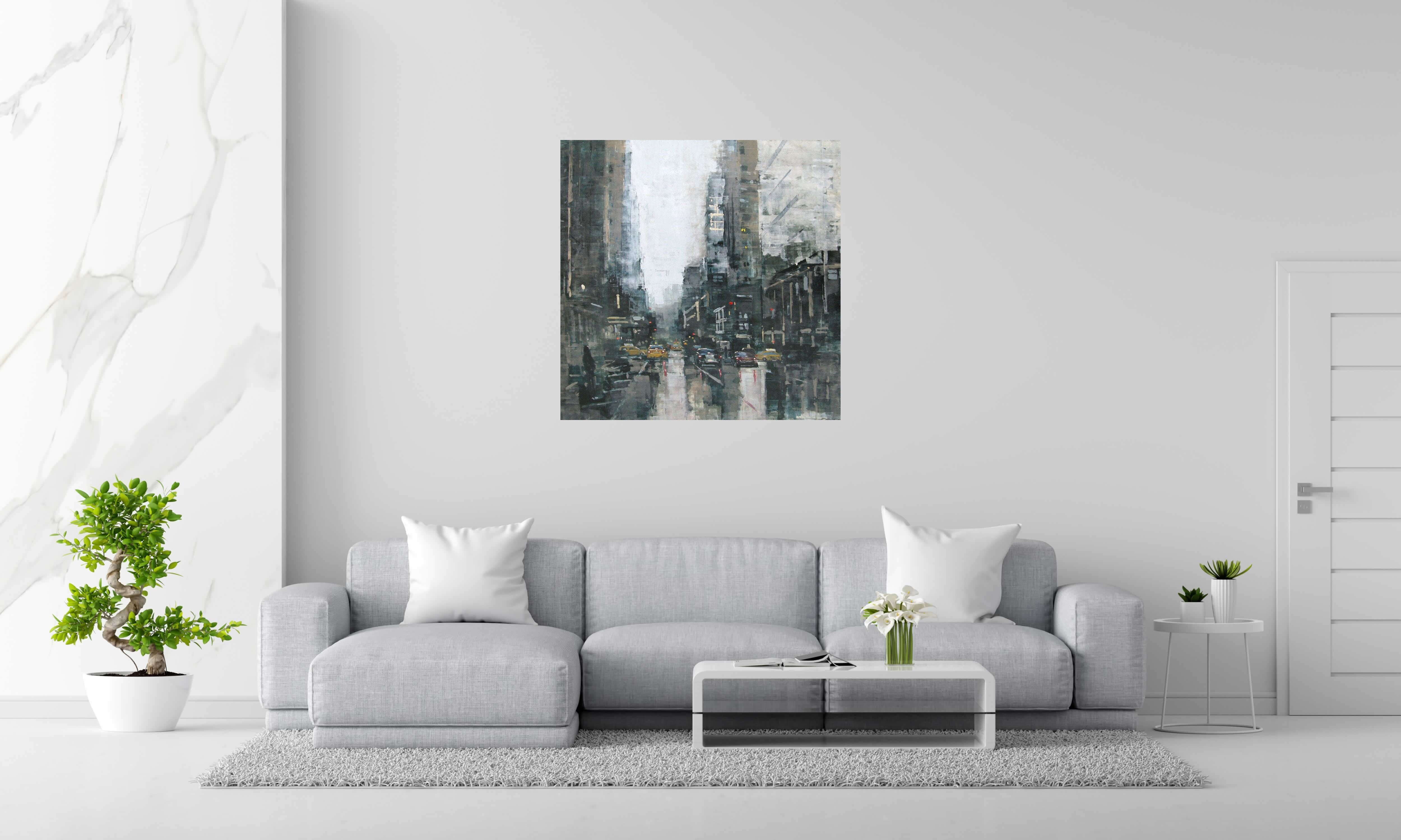 Tableau Manhattan Evening Storm de ADRIEN FAVEAU dans un intérieur – 100 × 100 cm