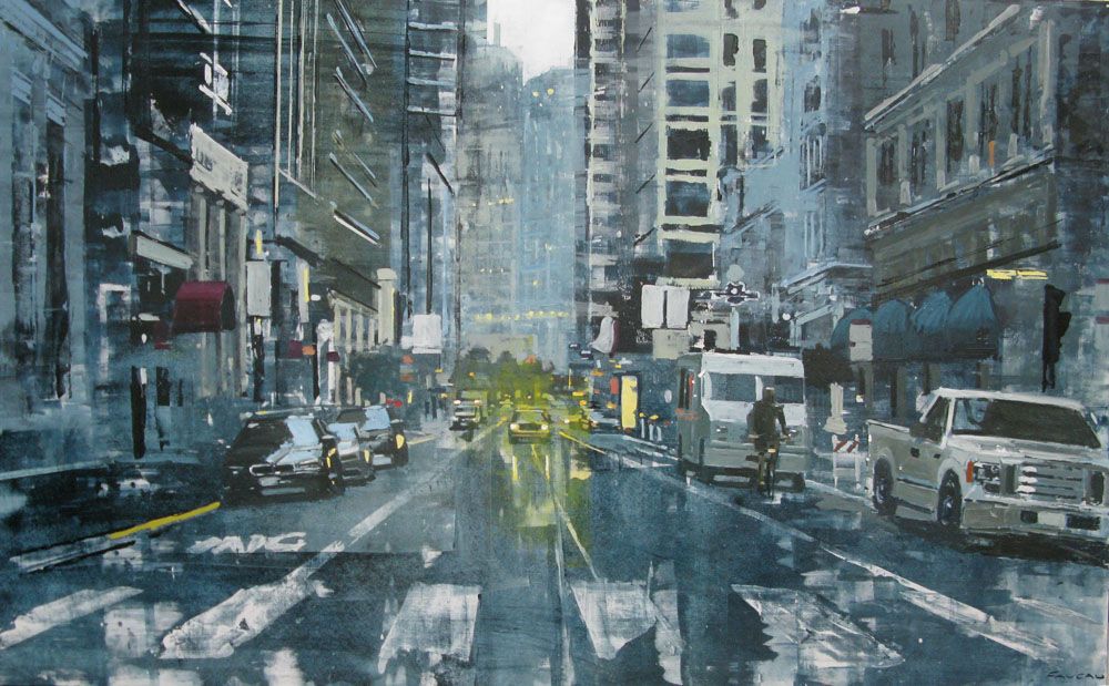 Tableau figuratif format xxl bleu et gris SAN FRANCISCO FINANCIAL DISTRICT – ADRIEN FAVEAU – 97 × 162 cm