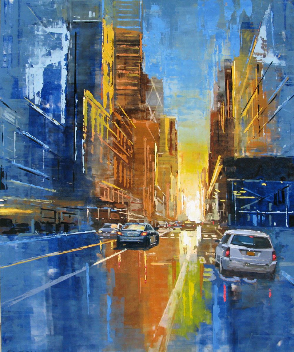Tableau figuratif format xxl bleu et jaune 57TH STREET SUNSET – ADRIEN FAVEAU – 116 × 89 cm