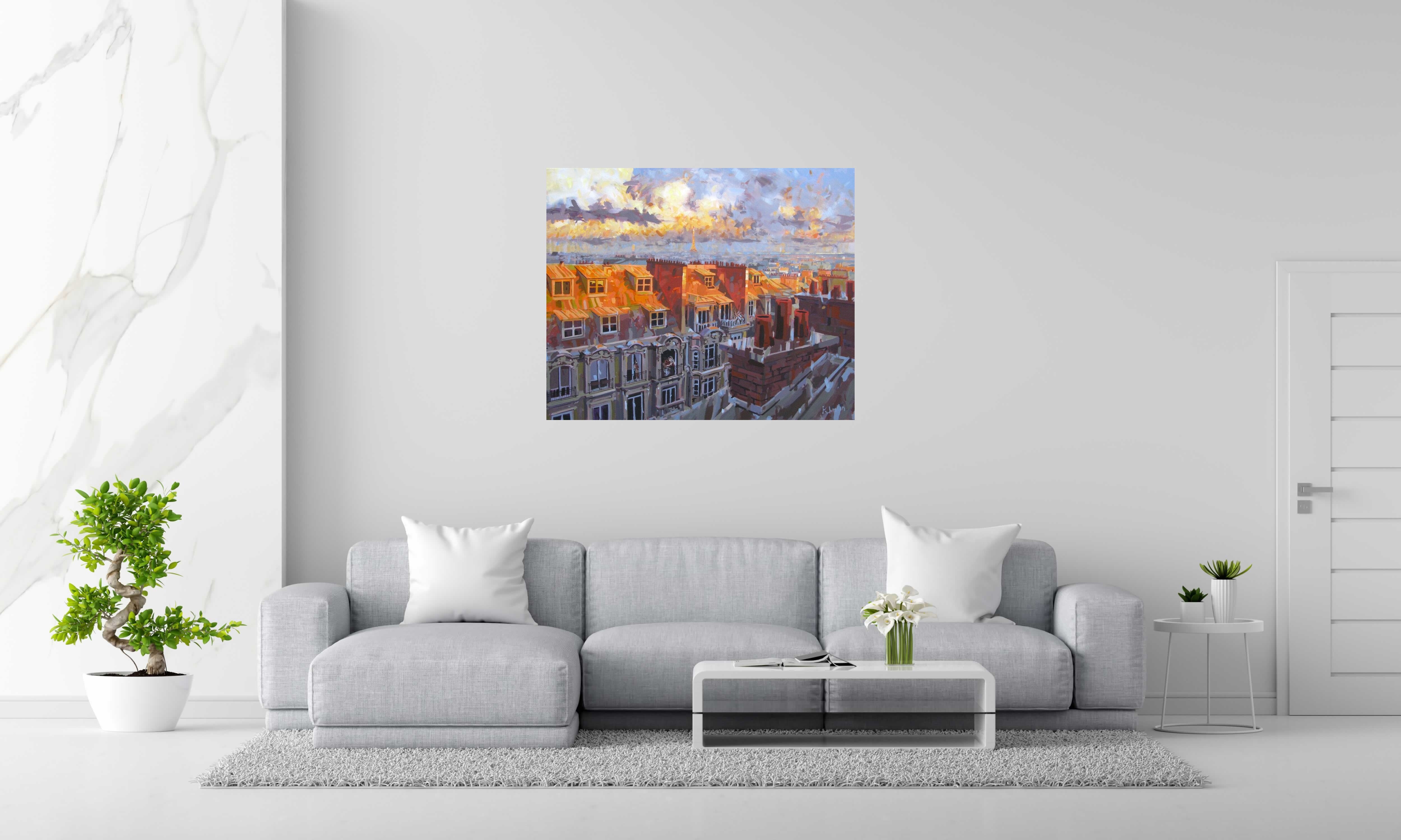 Tableau Soleil sur la tour eiffel de HEATON RUDYARD dans un intérieur – 110 × 90 cm