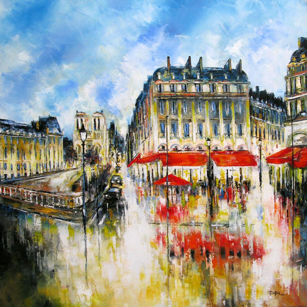 Tableau figuratif grand format jaune Quai St Michel, Paris – PHIL – 100 × 100 cm