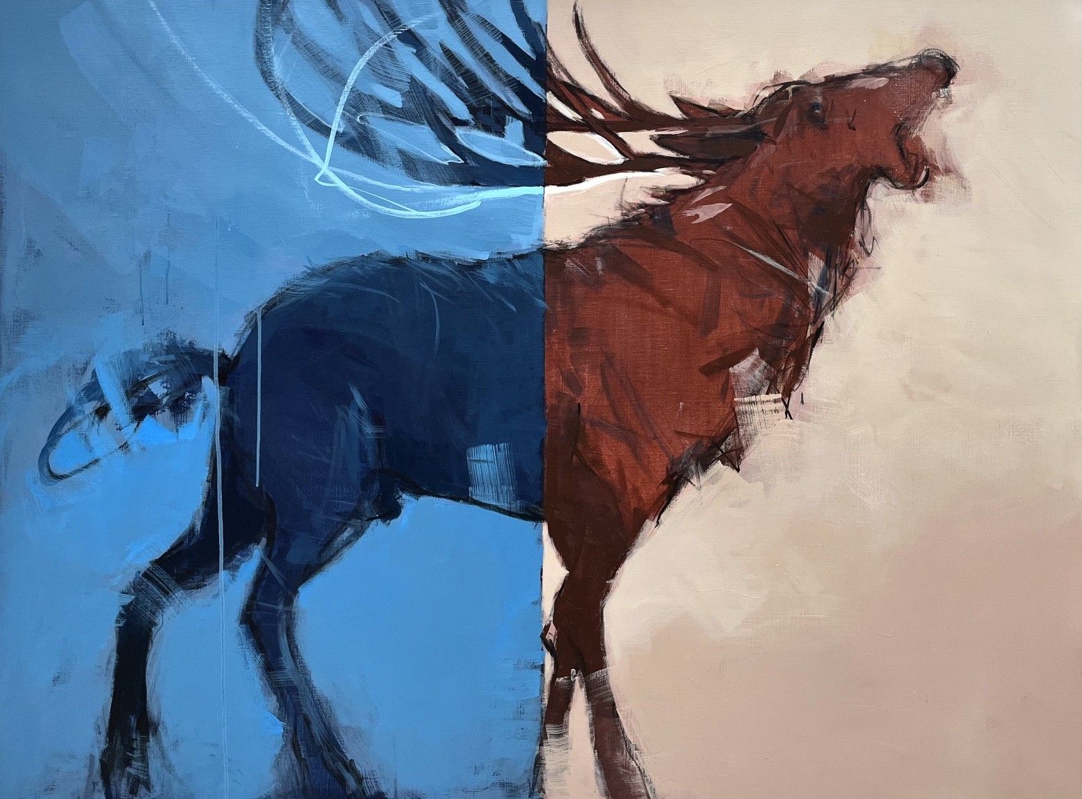 Tableau figuratif grande taille bleu et marron The Great Below – OLIVIER MASSEBEUF – 97 × 130 cm