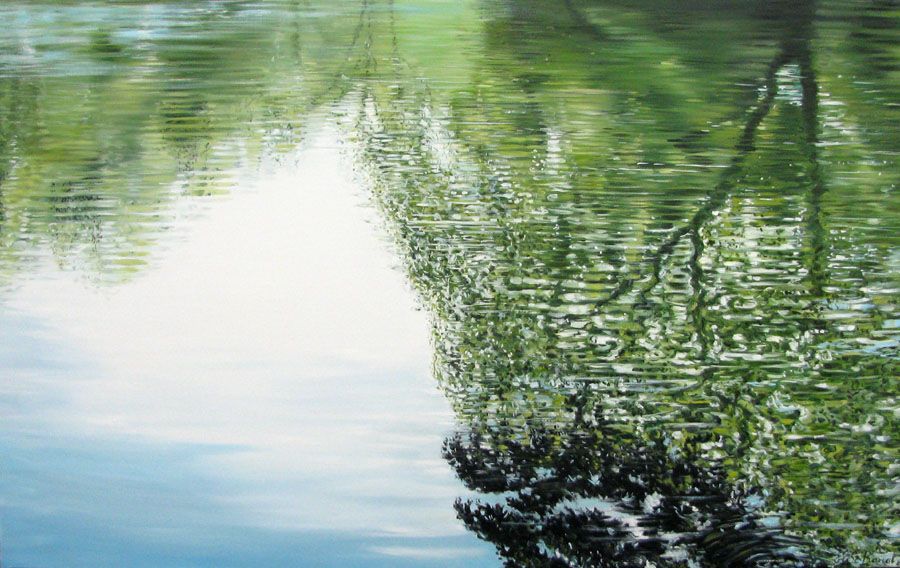 Tableau figuratif grande taille bleu et vert BOSQUETS VII – ELISE BARAT – 73 × 116 cm