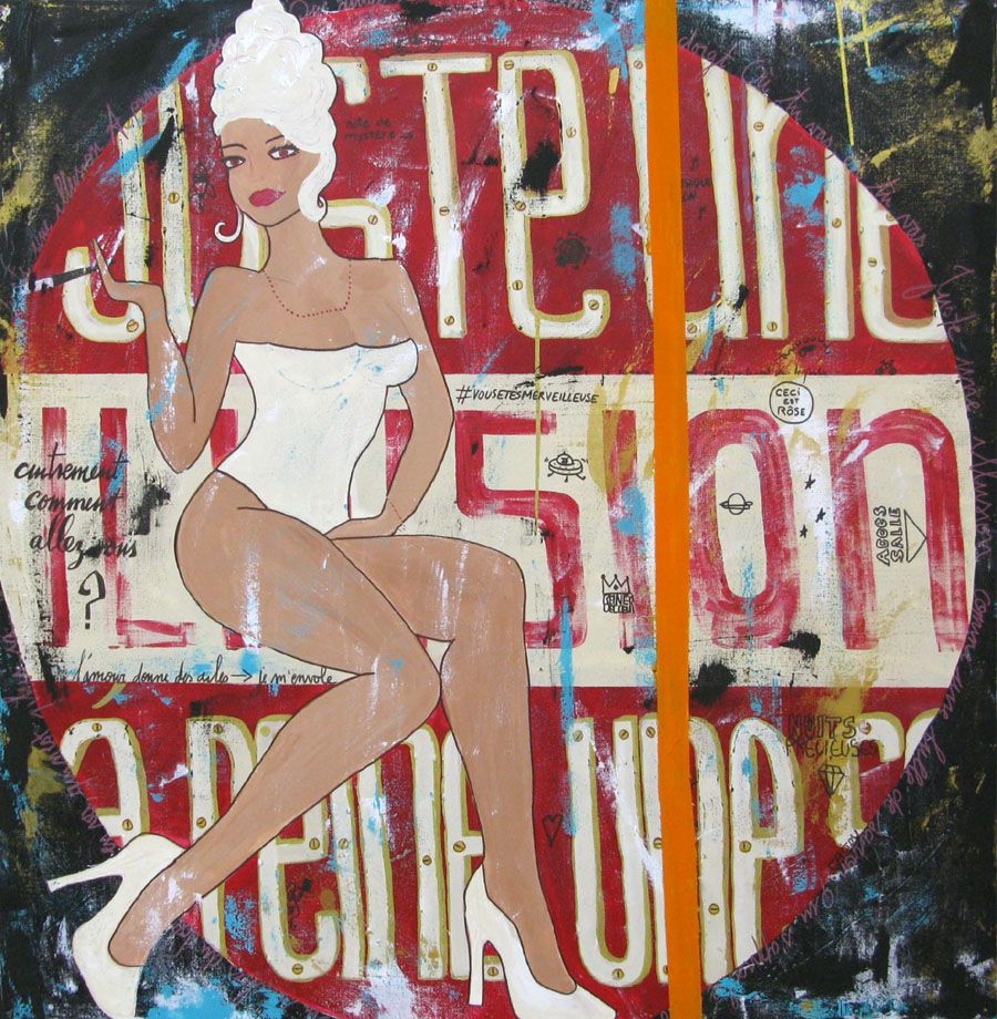 Tableau figuratif grande taille noir et rouge JUSTE UNE... – CACOU – 100 × 100 cm