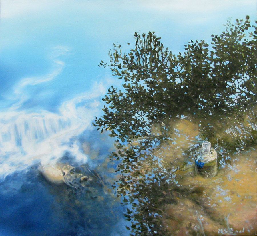 Tableau figuratif moyen format bleu ABSOLUT V – ELISE BARAT – 70 × 70 cm