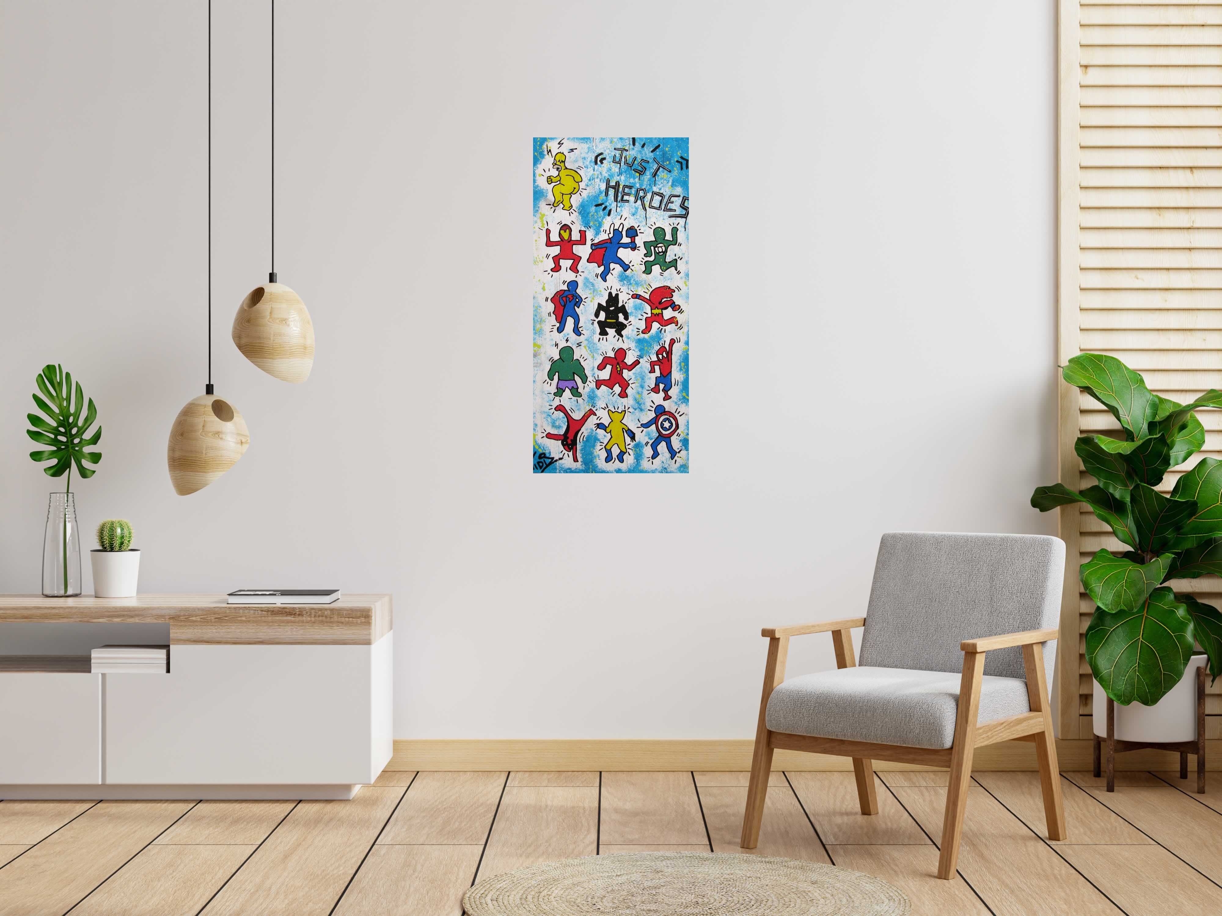 Tableau JUST HEROES de VIDIZ dans un intérieur – 110 × 51 cm