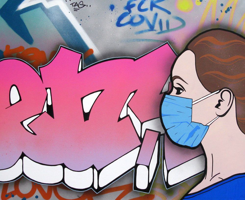Tableau graffiti grand format FUCK COVID – KENY – 81 × 100 cm