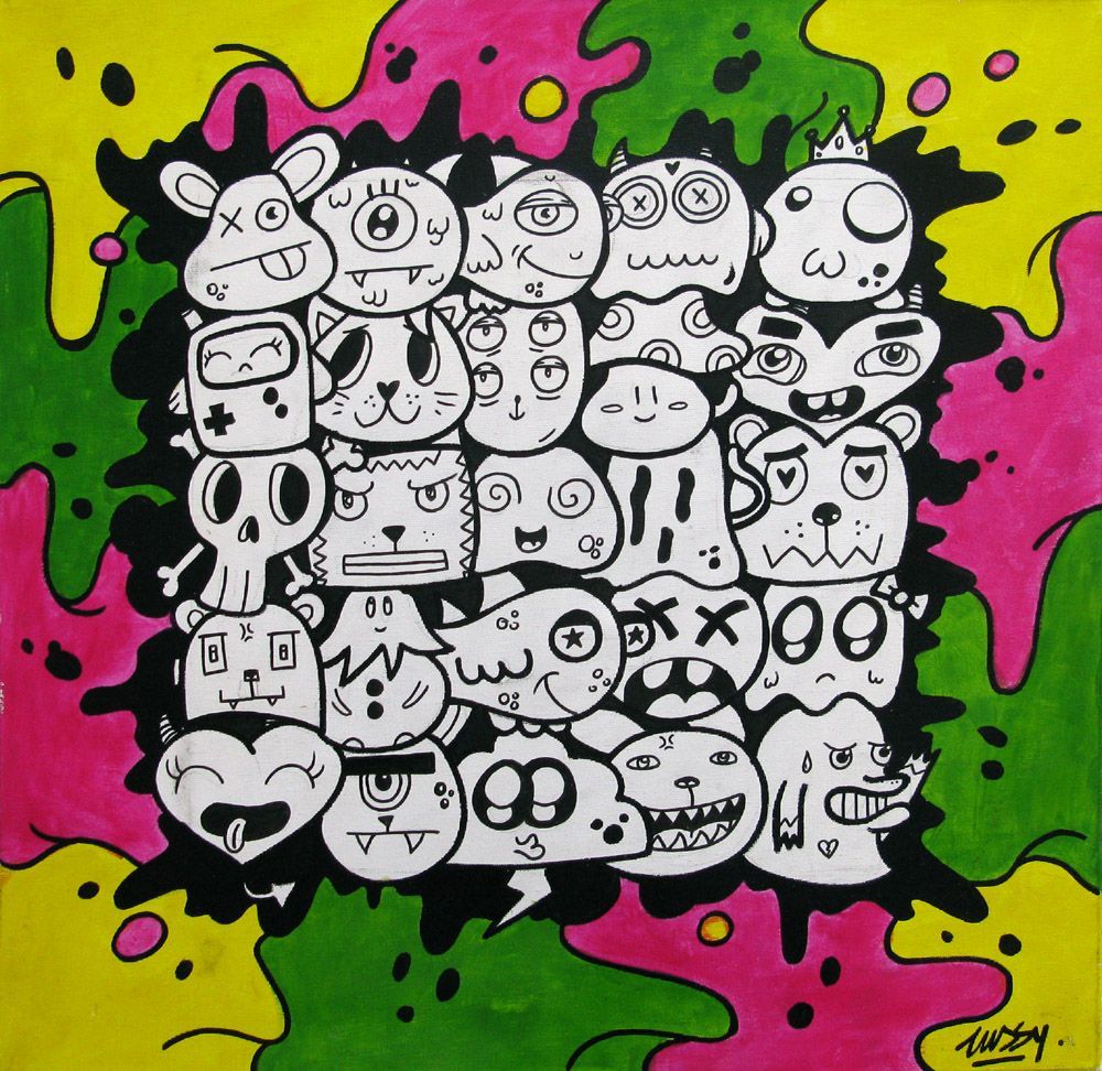 Tableau graffiti moyen format multi kawaï vert – LUSSY – 50 × 50 cm