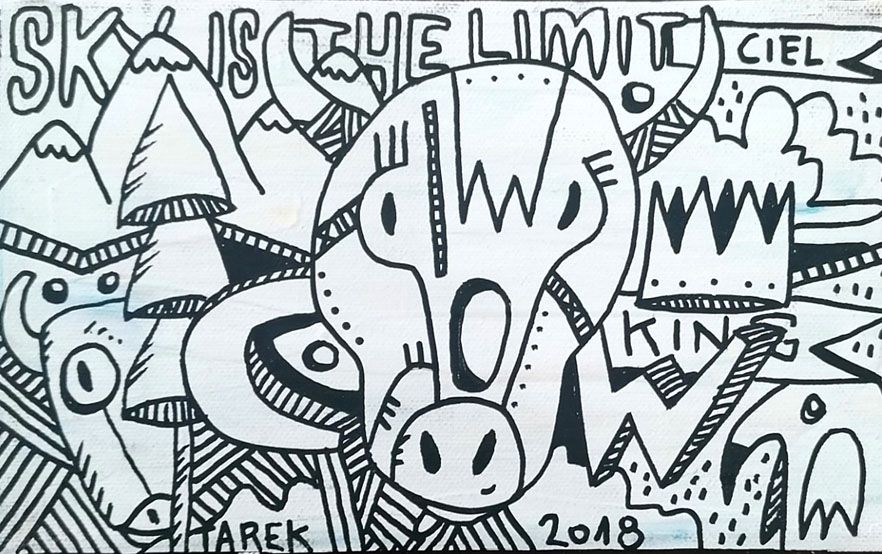Tableau graphique petit format blanc et noir SKY IS THE LIMIT – TAREK – 14 × 22 cm